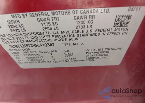 2011 Chevrolet Equinox 2Lt из США, поврежденный, VIN 2CNFLNEC6B6419347